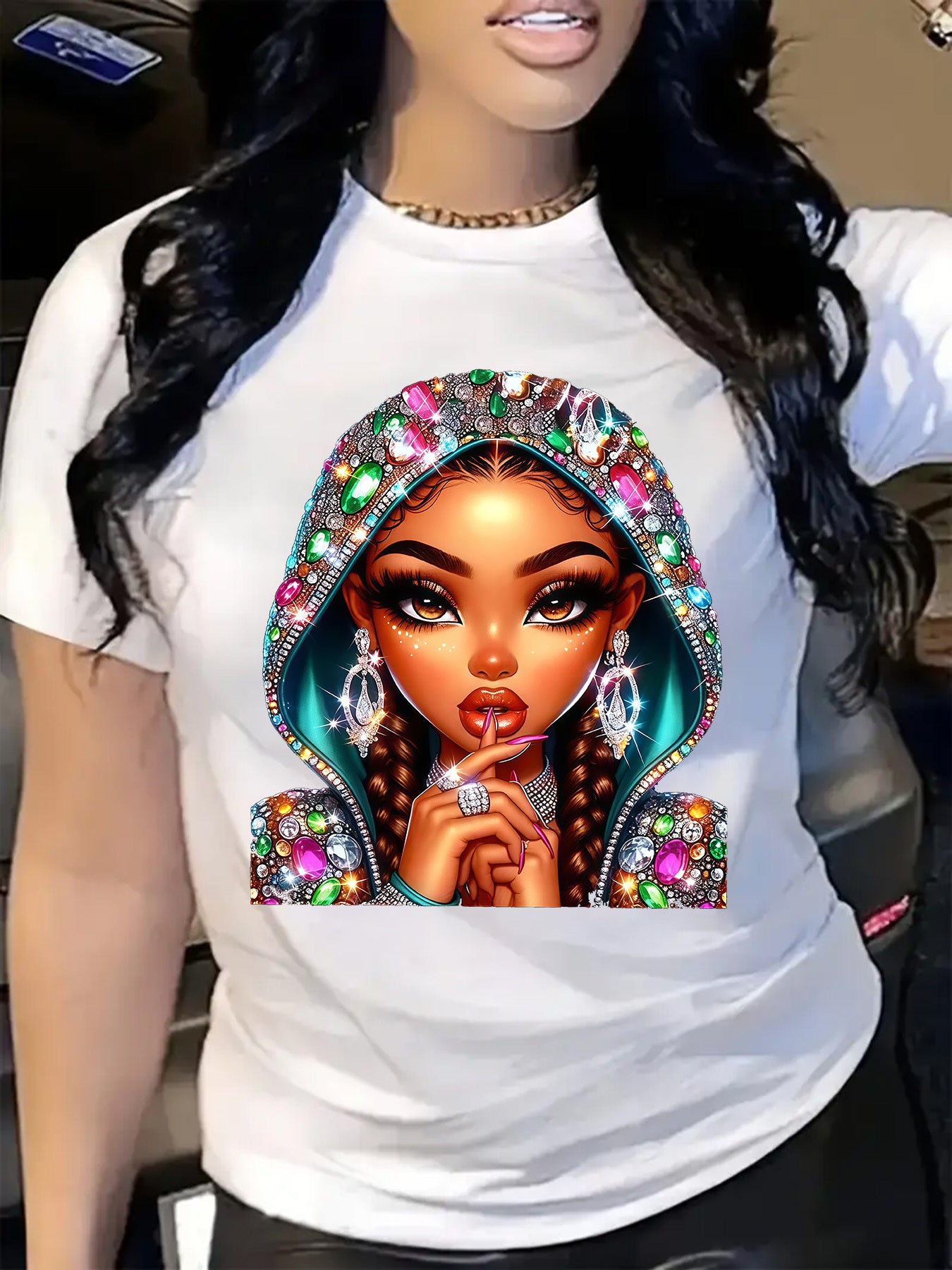 New Spring And Summer Collection Featuring a Sparkling Girl Design with Faux Rhinestone Hat Patterns, Along with a Women'S Printed Short-Sleeve Casual T-Shirt, Perfect for Gifting to Friends in The Spring And Summer.